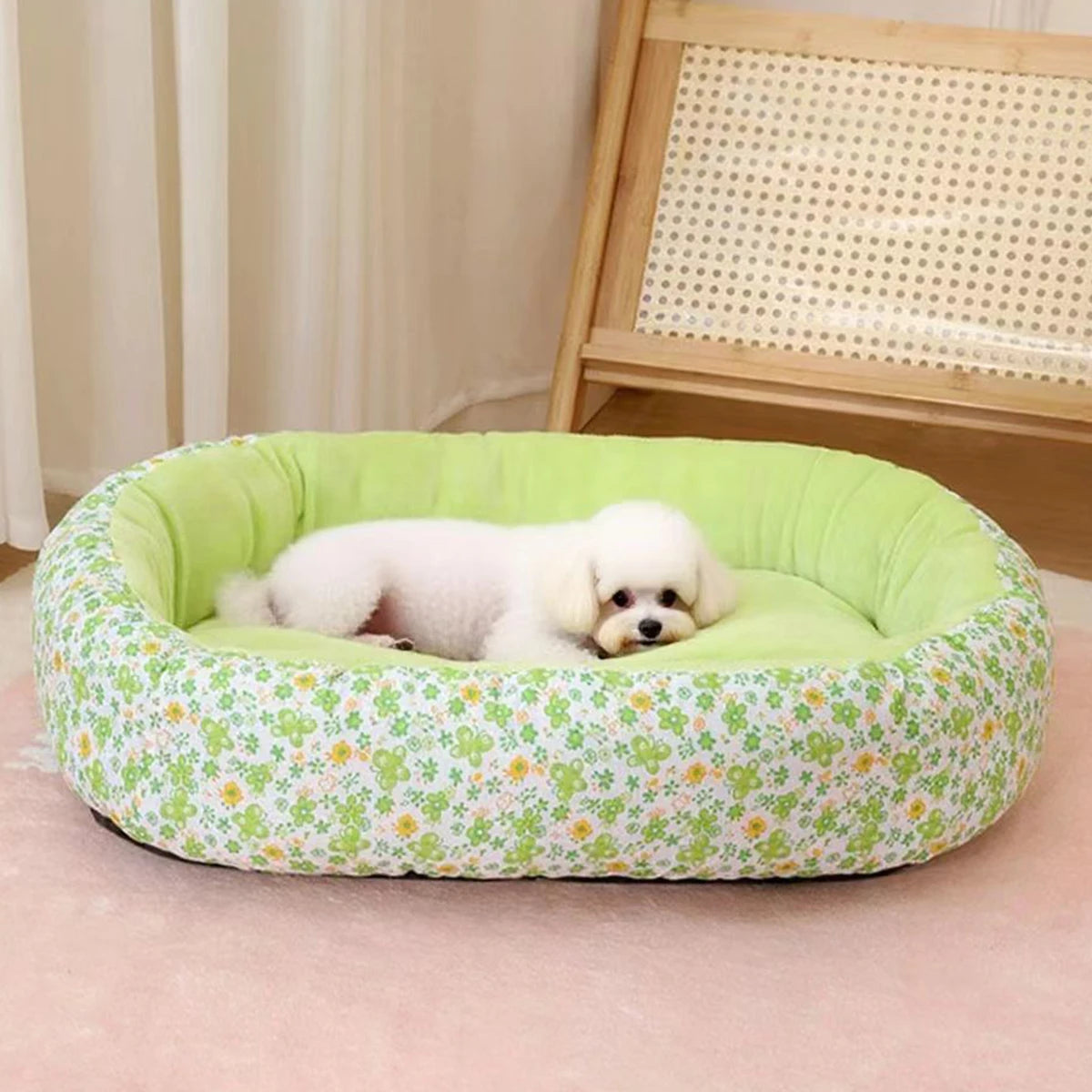 Floral All-Season Pet Bed for French Bulldog & Chihuahua - Soft Washable